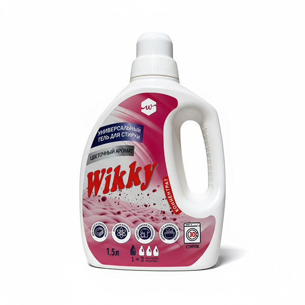 картинка Средство для стирки жидкое " Wikky " 1,5л Цветочный аромат, гель-концентрат, универсальный