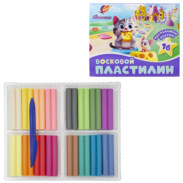 картинка Пластилин " Луч " Фантазия 16цв 240г, пастельные цвета, восковой, мягкий, со стеком, картонная упаковка