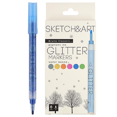 картинка Набор маркеров для скетчинга " Bruno Visconti " 6цв Sketch&Art глиттерные, 3,0мм, пулевидный, кругл