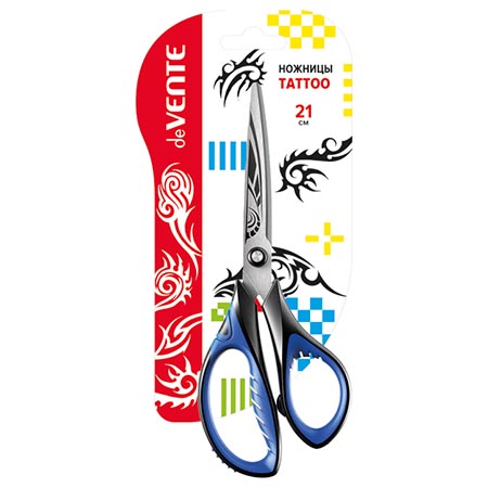 картинка Ножницы " deVente " Tattoo 21см металлические, эргономичные пластиковые ручки с резиновыми вставками, с лепестками, протравленная гравировка на лезвиях, черные с синим, картонная упаковка, европодвес