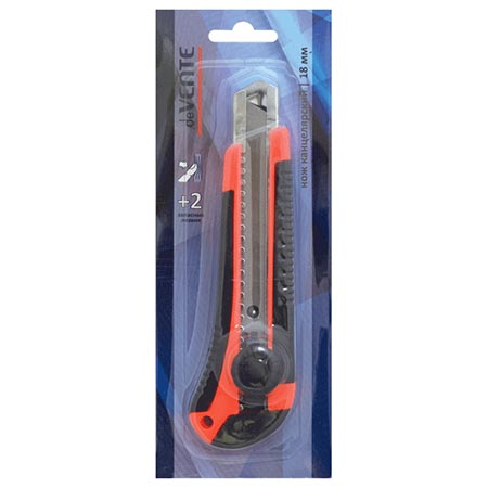 картинка Нож канцелярский " deVente " 18мм, пластиковый корпус, каучуковые вставки, ручная блокировка лезвия, 2 запасных лезвия, картонный блистер, европодвес