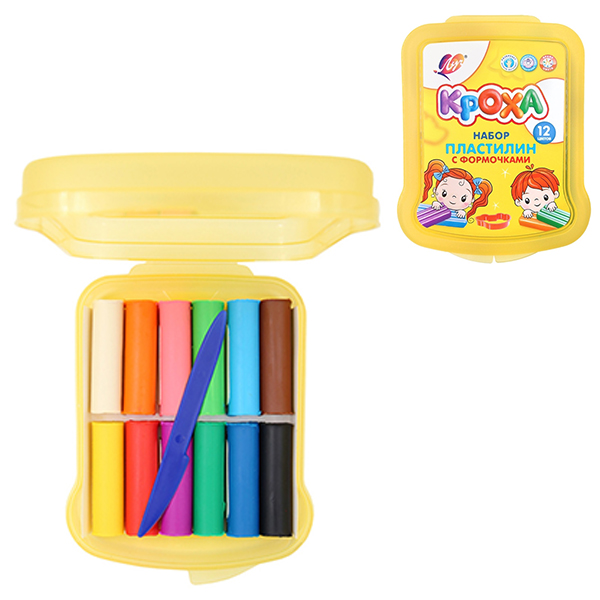 картинка Пластилин " Луч " Кроха 12цв 180г мягкий + 6 формочек, пластиковый бокс