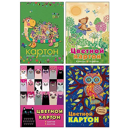 картинка Картон цветной А4 8л 8цв " Альт " Мультики, 4 дизайна, в папке