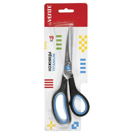 картинка Ножницы " deVente " Titanium 19см металлические, пластиковые ручки с резиновыми вставками, черные с синим, картонная упаковка, европодвес