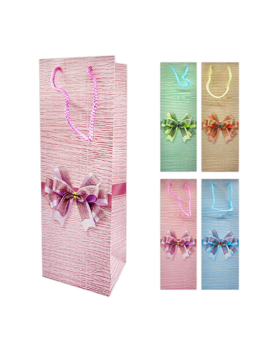 картинка Пакет бумажный " KWELT " 12*35*9см под бутылку Бант, ассорти (без возможности выбора дизайна), ламинированный