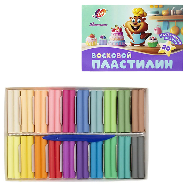 картинка Пластилин " Луч " Фантазия 20цв 300г, пастельные цвета, восковой, мягкий, со стеком, картонная упаковка