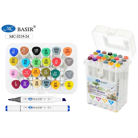 картинка Набор маркеров для скетчинга " Basir "  24цв двухсторонние, 1,0-7,0мм, пулевидный/скошенный, трехгранный корпус, в пластиковом боксе