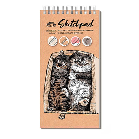 картинка Скетчпад, крафт-бумага 80г/м2, А6, 105*210мм, 80л, спираль сверху, без линовки, обложка - матовый ламинированный картон " Феникс " Ленивые коты
