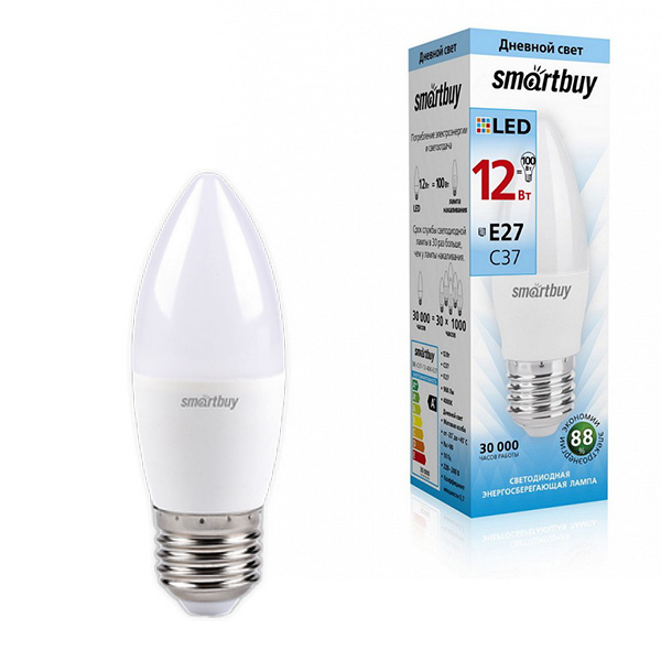 картинка Лампа светодиодная " Smartbay " С37, 12Вт Е27, нейтральный белый, свеча, картонная упаковка