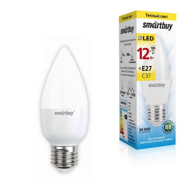 картинка Лампа светодиодная " Smartbay " С37, 12Вт Е27, теплый белый, свеча, картонная упаковка
