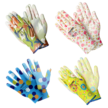 картинка Перчатки полиэстеровые для садовых работ, размер M (8), разноцветные, полиэстеровые, полиуретановое покрытие, 5 дизайнов, в и/у, (без возможности выбора цвета и дизайна)