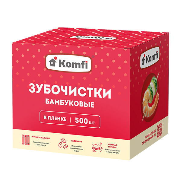 картинка Зубочистки " Komfi " бамбуковые 500шт в индивидуальной упаковке, картонная упаковка