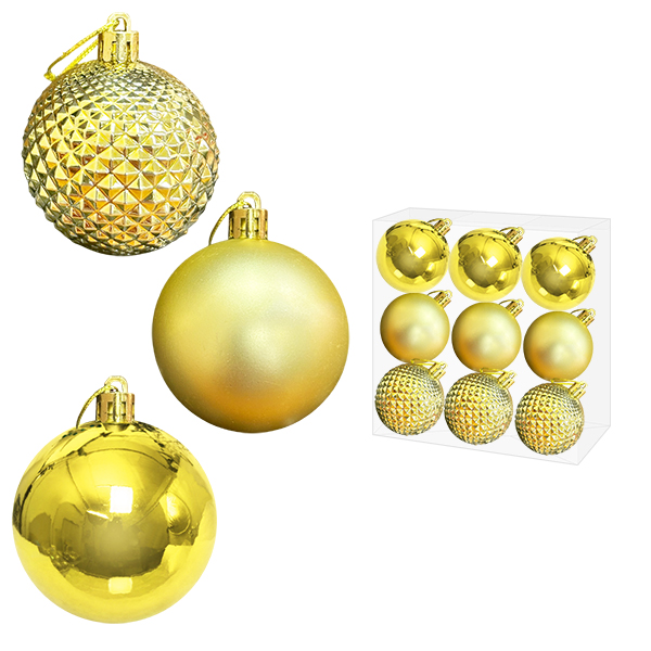картинка Набор шаров " KWELT " d=5см 9шт, золотые (глянцевые, матовые, многогранные), пластиковая упаковка 17,5*17,5*6см
