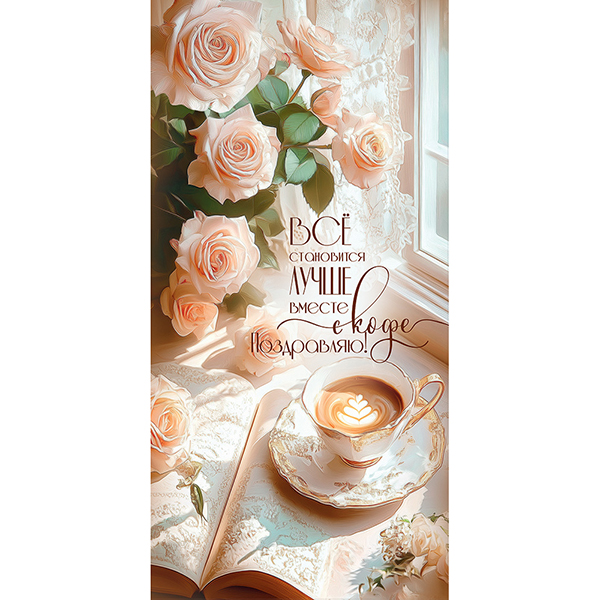картинка Конверт для денег " Праздник " 410 Поздравляю! Всё становится лучше вместе с кофе! Чашка кофе, розы, 84*168мм, глянцевый УФ-лак, текст