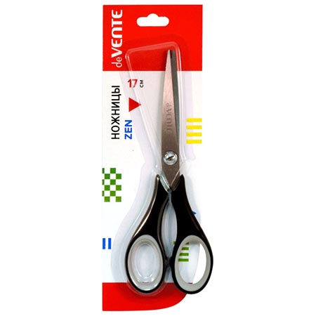 картинка Ножницы " deVente " Zen 17см металлические, пластиковые ручки с резиновыми вставками, черные с серым, картонная упаковка, европодвес