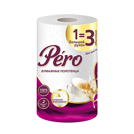 картинка Полотенца бумажные 2-слойные " Pero " 1=3, со втулкой, 264л, 33м, белые, 100% целлюлоза, 12,5*23см, с перфорацией, h=23см, с принтом