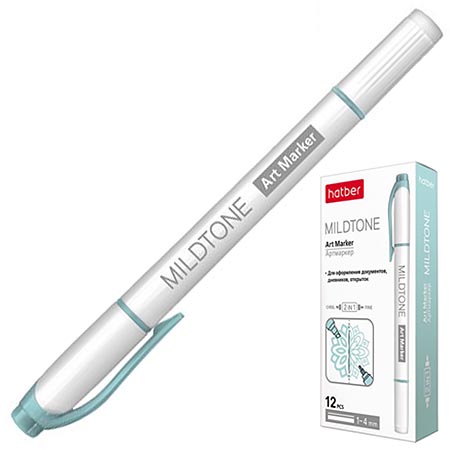 картинка Артмаркер " Hatber " Mildtone Pastel Бирюзовый, двухсторонний, 1,0-4,0мм, пулевидный/скошенный, круглый корпус, картоннная упаковка