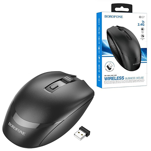 картинка Мышь " Borofone " BG7 беспроводная оптическая, 4 кнопки, чёрный, 1000/1200/1600 DPI, USB (батарейки в комплект не входят)