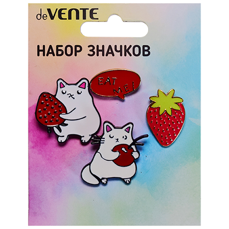 картинка Набор значков " deVente " Cat me! (кот 2,8*2,8см, клубника 1,6*2,3см, Eat me 2*1,4см, кот 2,7*2,7см), эмалированные, пластиковый пакет с европодвесом