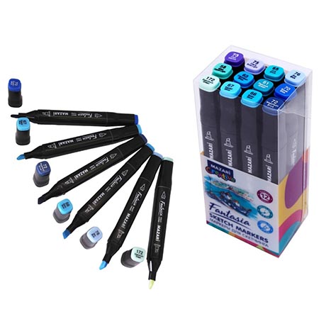 картинка Набор маркеров " Mazari " для скетчинга Fantasia Marine blue colors (морские цвета)  12цв 3-6,2мм, пулевидный/скошенный, 2-х сторонние, ПВХ упаковка