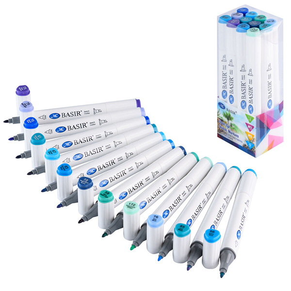 картинка Набор маркеров для скетчинга " Basir "  12цв (голубые и фиолетовые цвета ассорти) двухсторонние, 1,0-7,0мм, пулевидный/скошенный, треугольный корпус, в пластиковом боксе