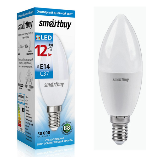 картинка Лампа светодиодная " Smartbay " С37, 12Вт Е14, холодный белый, свеча, картонная упаковка