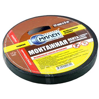 картинка Скотч " Милен" 12мм*5м двухсторонний, черный, на вспененной основе, профессиональный монтажный