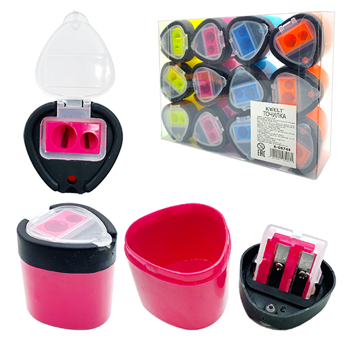 картинка Точилка " KWELT " пластиковая Triangle 2 отверстия, с контейнером, цвет ассорти, пластиковая упаковка