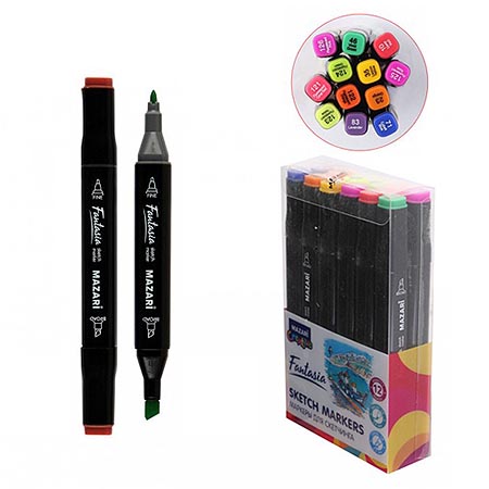 картинка Набор маркеров " Mazari " для скетчинга Fantasia Main + Fluorescent colors (основные+флуорисцентные цвета)  12цв 3-6,2мм, пулевидный/скошенный, перманентные, 2-х сторонние, ПВХ упаковка