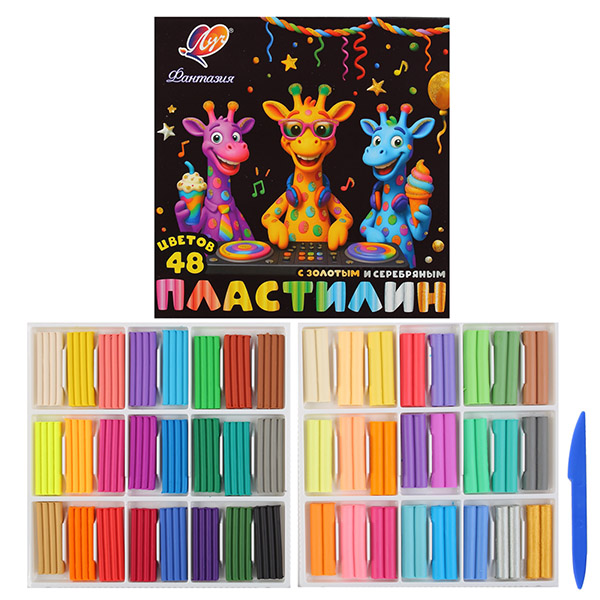 картинка Пластилин " Луч " Фантазия 48цв 636г, классические+пастельные цвета, с золотом и серебром, восковой, мягкий, со стеком, картонная упаковка