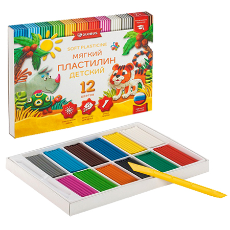 картинка Пластилин " Глобус " Детский классический повышенной мягкости 12цветов 180 грамм,картонная упаковка