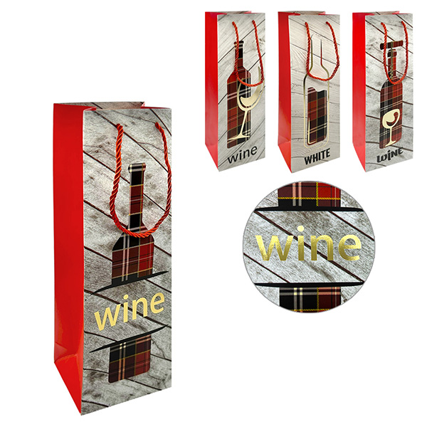 картинка Пакет бумажный " KWELT " 12*35*9см под бутылку Wine, ассорти (без возможности выбора дизайна), ламинированный, тиснение фольгой