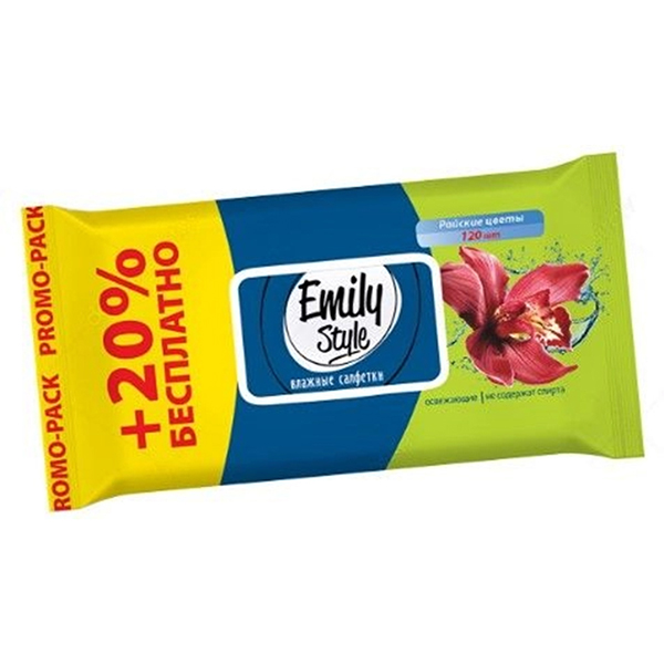 картинка Салфетки влажные 120шт " Emily Style " ЧЗ ОСУ Райские цветы, клапан, пластиковая крышка