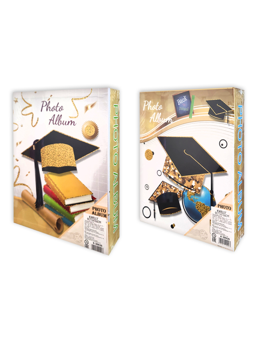 картинка Фотоальбом " KWELT " 200 фото Back to school, ассорти, 10*15см, твердая обложка, тиснение фольгой, индивидуальный бокс, в термоусадочной пленке, 20,5*26,5*6см