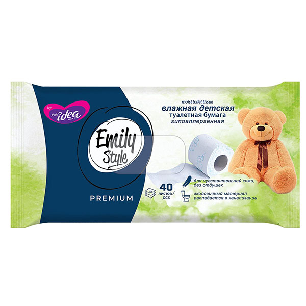 картинка Бумага туалетная влажная " Emily Style " Premium by Fresh idea 40шт, детская, гипоаллергенная