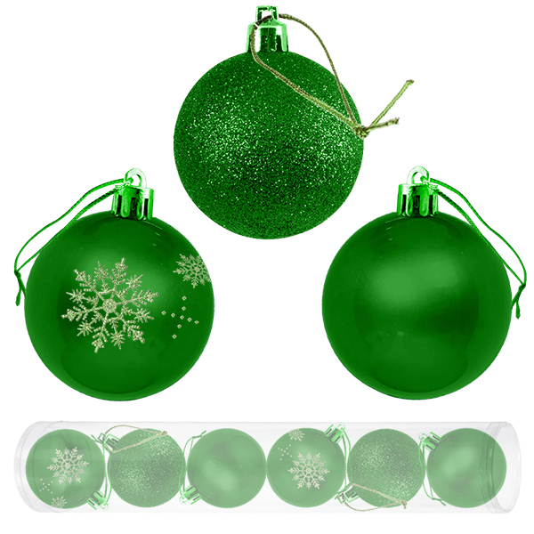 картинка Набор шаров " KWELT " d=7см 6шт, зеленые (глянцевые с узором, матовые, с глиттером) пластиковый тубус