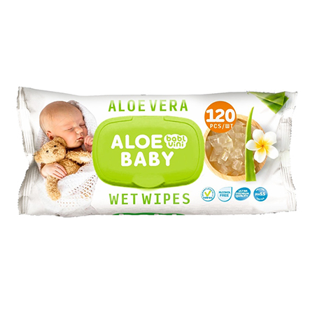 картинка Салфетки влажные детские 120шт " BablVini " Aloe baby, клапан, пластиковая крышка