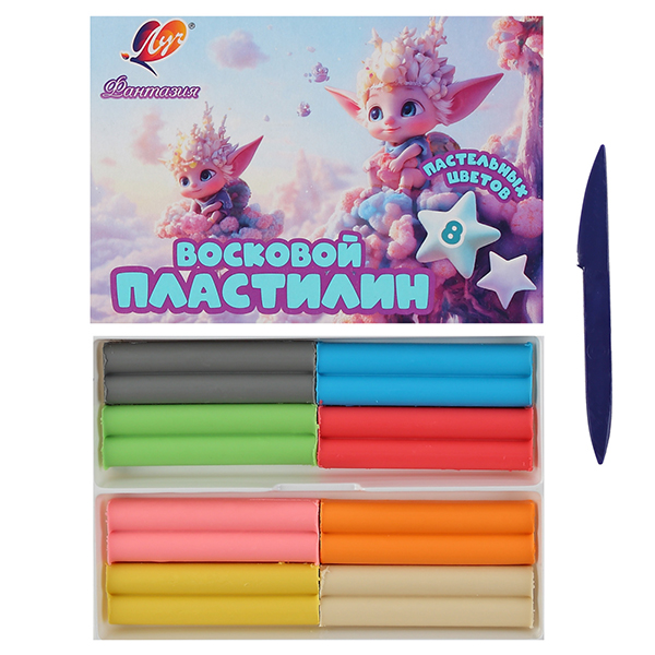 картинка Пластилин " Луч " Фантазия 8цв (пастельные цвета) 120г восковой, мягкий, со стеком, картонная упаковка