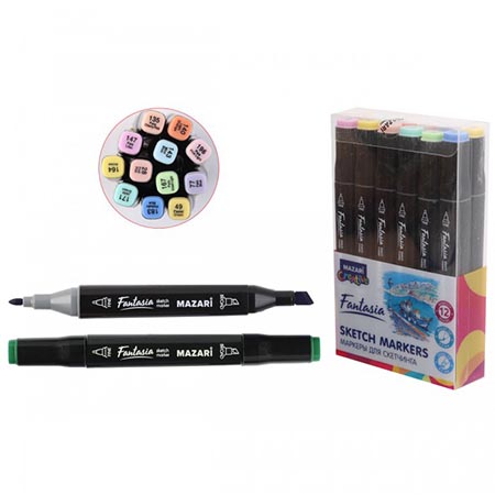 картинка Набор маркеров " Mazari " для скетчинга Fantasia Pastel colors (пастельные цвета)  12цв 3-6,2мм, пулевидный/скошенный, 2-х сторонние, ПВХ упаковка
