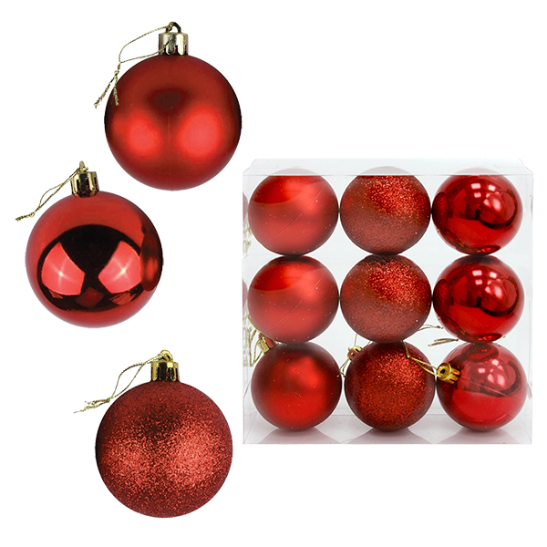 картинка Набор шаров " KWELT " d=5см 9шт, красные (глянцевые, матовые, с глиттером), пластиковая упаковка 17,5*17,5*6см