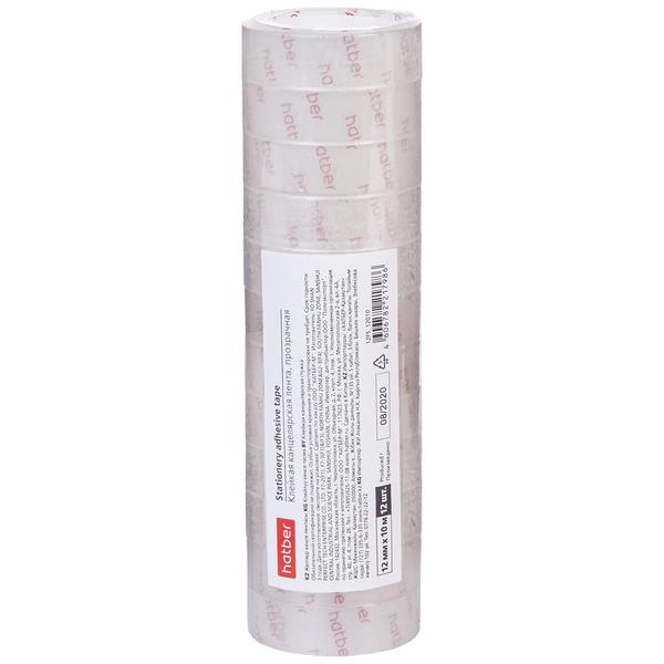картинка Лента канцелярская клейкая 12мм*10м, прозрачный, 38мкм, полипропилен, пластиковая втулка d=25мм, " Hatber ", термоусадочная пленка