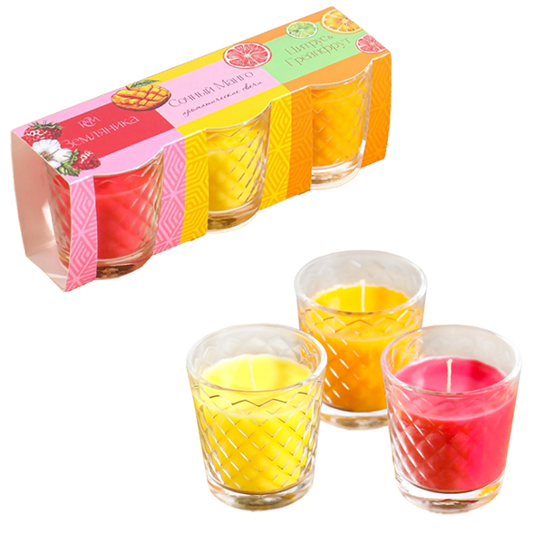 картинка Набор ароматизированных свечей в стакане " РСМ " Земляника, манго, цитрус, 55*40мм, время горения 10часов, 3шт, в картонной упаковке