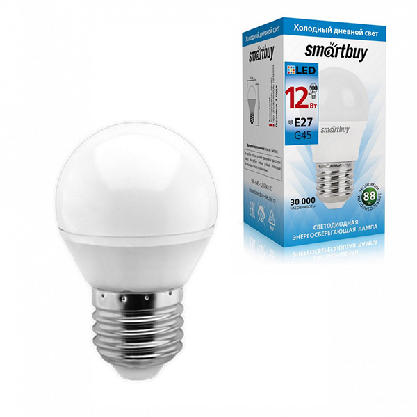 картинка Лампа светодиодная " Smartbay " G45, 12Вт Е27, холодный белый, шар, картонная упаковка