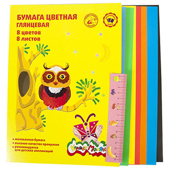 картинка Бумага цветная А4 мелованная, 8л 8цв " Каляка-Маляка ", в папке