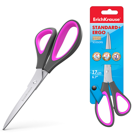 картинка Ножницы " Erich Krause " Standard+Ergo 17см пластиковые эргономичные ручки с резиновыми вставками, черно-розовые, картонная упаковка, европодвес
