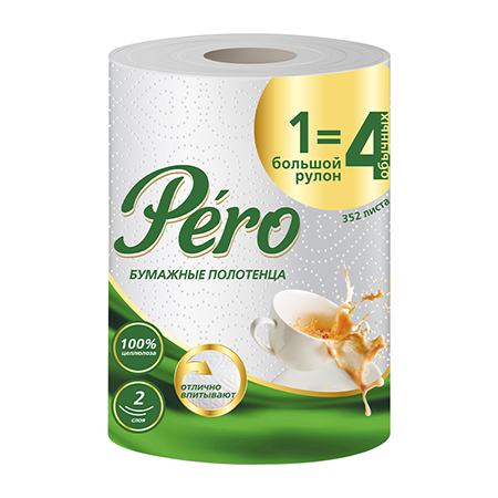 картинка Полотенца бумажные 2-слойные " Pero " 1=4, со втулкой, 352л, 44м, белые, 100% целлюлоза, 12,5*23см, с перфорацией, h=23см, с принтом