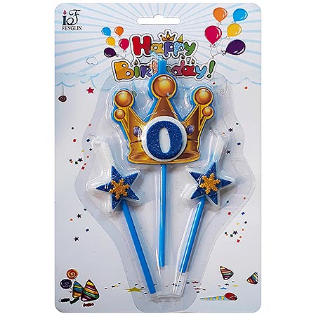 картинка Набор свечей для торта " KWELT " 0, с блестками, 3шт: 1шт-7*7*0,5см, 2шт-4,5*3*0,5см, на палочке, картонный блистер 23*15,5*1,5см, европодвес