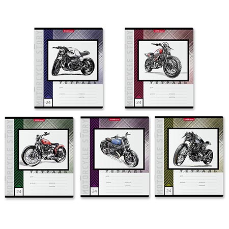 картинка Тетрадь А5 24л " Erich Krause " линия Motorcycle Story (ассорти), на скобе, обложка - мелованный картон