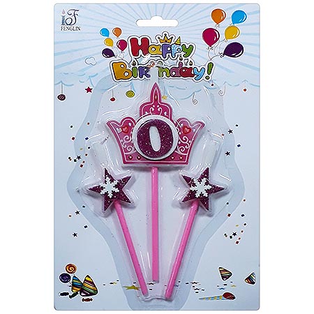 картинка Набор свечей для торта " KWELT " 0, с блестками, 3шт: 1шт-7*7*0,5см, 2шт-4,5*3*0,5см, на палочке, картонный блистер 23*15,5*1,5см, европодвес