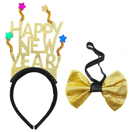 картинка Ободок " KWELT " Новогодний Happy New Year! 29*10*1,5см с бабочкой 11*7,5см, пакет